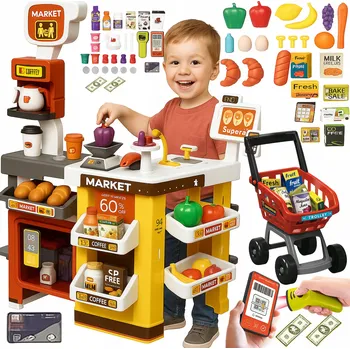 Hra na obchod Interaktivní Supermarket pro Děti s Pokladnou, Košíkem, Lednicí s Párou a Příslušenstvím