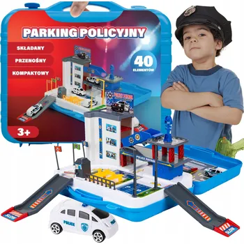 autíčko POLICEJNÍ PARKOVIŠTĚ KUFŘÍK GARÁŽ 40 dílů PŘENOSNÝ POLICEJNÍ VŮZ