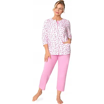 Dámské pyžamo DÁMSKÉ PYŽAMO 3XL RŮŽOVÉ S KVĚTINAMI ROZEPÍNACÍ RUKÁV 7/8 BAVLNA