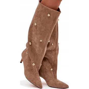 Dámské kozačky Dámské nazouvací kozačky na jehlovém podpatku Thaliane se zlatými ozdobami – béžové Velikost: 39