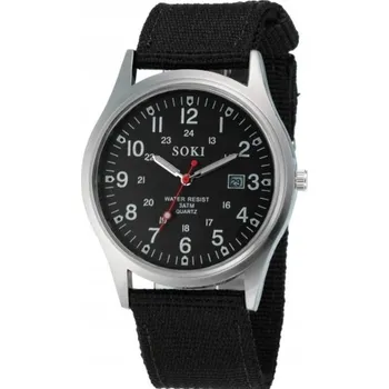 Hodinky Vojenský hodinky Soki s datumovkou, plátěný řemínek - černý ciferník