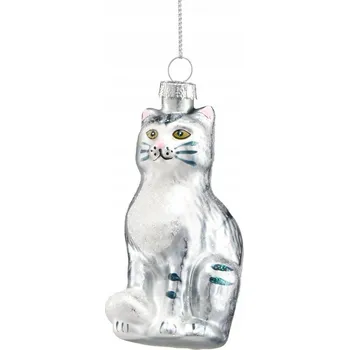 Vánoční dekorace VILLA IRTALIA Vánoční Koule skleněná KOČKA stříbrná 9,5 cm