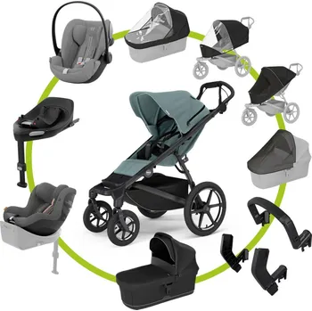 Dětské zboží Akční set Thule Urban Glide 4-wheel Mid blue + korba + 2x pláštěnka + 2x moskytiéra + madlo + adaptéry + autosedačka Cybex Cloud G + Sirona G + Cybex base G