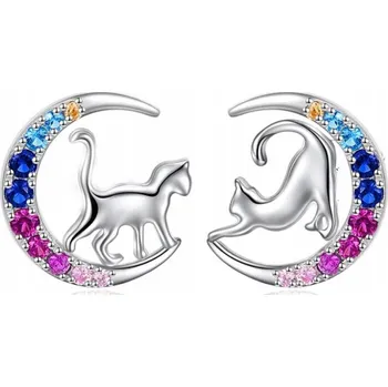 Náušnice Fraise stříbrné náušnice Kočka na měsíci S925 s barevnými zirkony