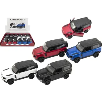 Dřevěná hračka Teddies Auto Kinsmart Land Rover Defender 90 kov/plast 1:36 12,5cm na zpětné natažení 4 barvy 12ks v boxu