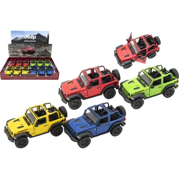 Dřevěná hračka Teddies Auto Kinsmart Jeep Wrangler 2018 otevřená střecha 12cm kov/plast 4 barvy na zpětné nat. 12ks v boxu