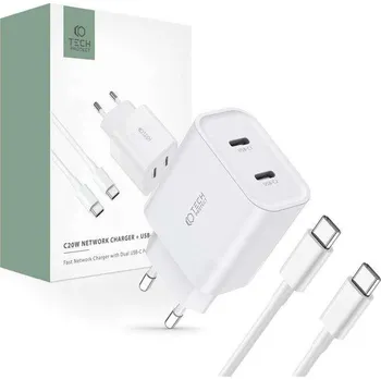 Síťová nabíječka 2-Porty C20W PD20W + USB-C Kabel Tech-Protect Bílá