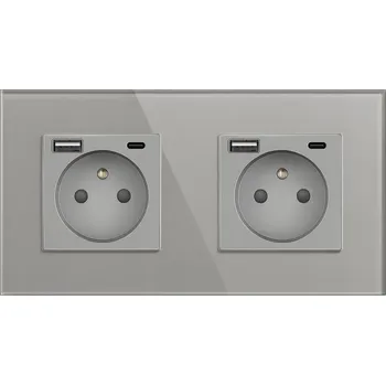 Elektrická zásuvka DVOJITÁ ZÁSUVKA FLEX S KOLÍKEM SKLENĚNÁ S USB A+C 2x1 STŘÍBRNÁ ŠEDÁ