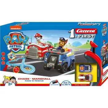 autodráha Conquest Autodráha Carrera First Paw Patrol/Tlapková Patrola 3,5m plast +2 auta na bat. v krabici 50x30x8cm