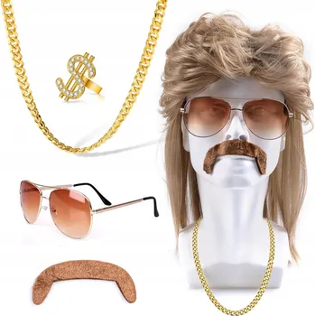 Karnevalový kostým PARUKA 70. 80. 90. LÉTA KOSTÝM PŘEVLEK RETRO BRÝLE DOPLŇKY