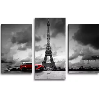 Obraz Sablio Obraz - 3-dílný Eiffelova věž a červené auto - 75x50 cm