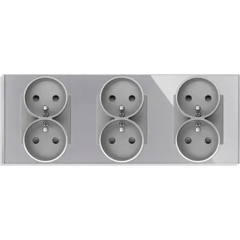 Elektrická zásuvka KONTAKT ZÁSUVKA S KOLÍKEM SKLENĚNÁ ⌀60 TROJITÁ 6 ZÁSUVEK 3x2 STŘÍBRNÁ ŠEDÁ