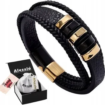 Náramek Pánský náramek ČERNÝ pletený KOŽENÝ ocel