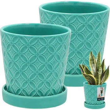 Květináč SADA 2X KVĚTINÁČ KVĚTINÁČ OBAL NA KVĚTINÁČ PODSTAVEC 13CM TYRKYSOVÁ GLAZOVANÁ KERAMIKA