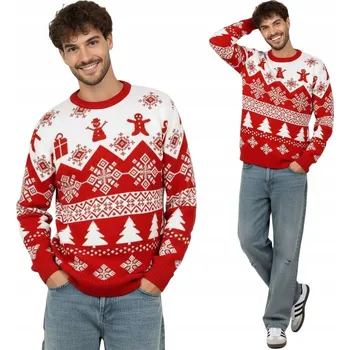 Pánský svetr Červený vánoční svetr pánský bílý vzor sněhuláci vánoční pánské L