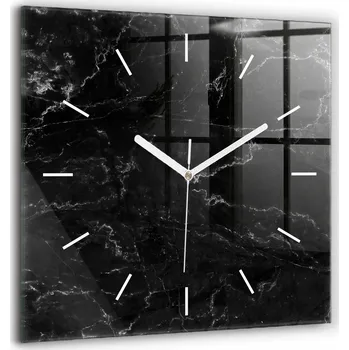 Hodiny Čtvercové skleněné nástěnné hodiny do kanceláře s grafikou Černý mramor 60x60 cm