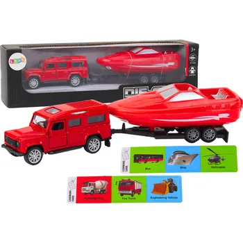 autíčko Terénní auto s přívěsem a motorovým člunem kovové červené