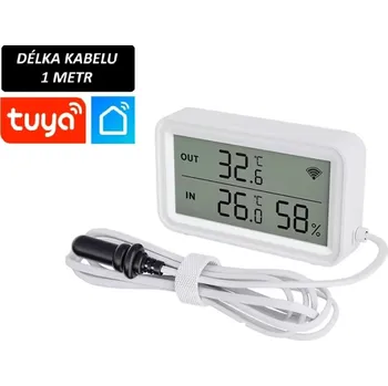 Wifi smart teplotní senzor s měřením vlhkosti s digitálním displejem a vzdáleným kabelovým senzorem 1m, rozsah měření -40°C - 120°C, Tuya/Smart Life