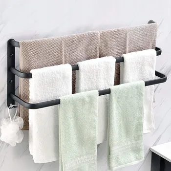 Věšák Nástěnný věšák na ručníky do koupelny 3 ramena se 2 háčky 50 cm ČERNÝ