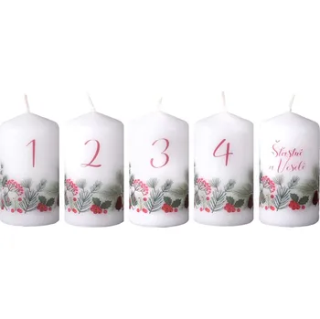 Svíčka Emocio Válec 50 x 90 mm 5 ks adventní čísla/Šťastné a Veselé