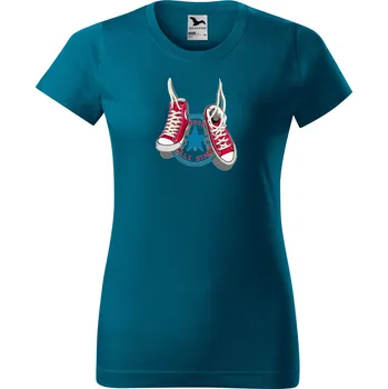 Dámské tričko levne-damske-bavlnene-tricko-potisk-popularni-tenisky-converse Velikost dámská trička Basic: L šířka 51, délka 65, Odstín dámské tričko Basic: Petrolejové