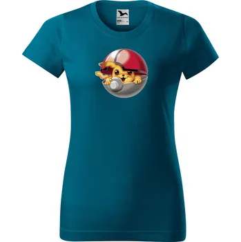 Dámské tričko levne-damske-bavlnene-tricko-potisk-pikachu Velikost dámská trička Basic: XS šířka 39, délka 57, Odstín dámské tričko Basic: Petrolejové