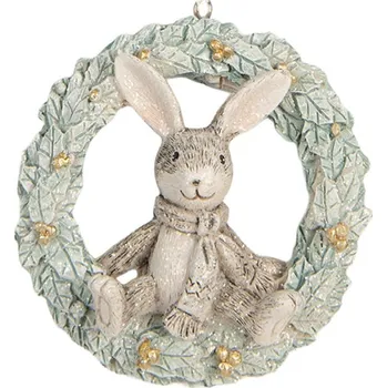 Vánoční ozdoba Závěsná pastelová vánoční dekorace zajíček ve věnci z chvojí – 8x3x8 cm