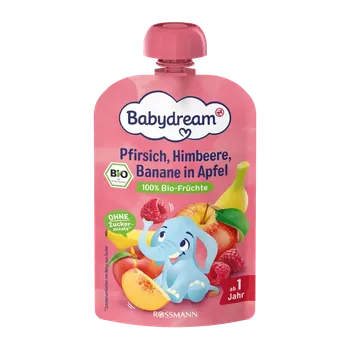 Dětská výživa Babydream BIO ovocný příkrm broskev, jablko, banán a malina 100 g