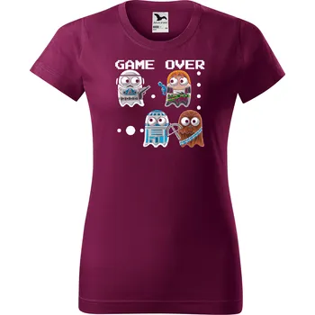 Dámské tričko levne-damske-bavlnene-tricko-potisk-pacman Velikost dámská trička Basic: L šířka 51, délka 65, Odstín dámské tričko Basic: Vínové