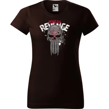 Dámské tričko levne-damske-bavlnene-tricko-potisk-Punisher Velikost dámská trička Basic: S šířka 44, délka 60, Odstín dámské tričko Basic: Čokoládové