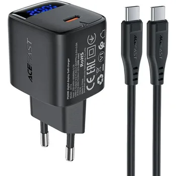Acefast Wall Charger A113 s digitálním displejem rychlé nabíjení GaN USB-C PD20W s kabelem Type-C 1m černá