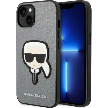 Pouzdro na mobilní telefon Karl Lagerfeld Saffiano pouzdro iPhone 14 Plus stříbrné Karlova hlava