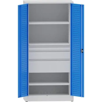 Kovová dílenská skříň perfo, 2 police, 3 zásuvky Barva dveří: modrá RAL 5012