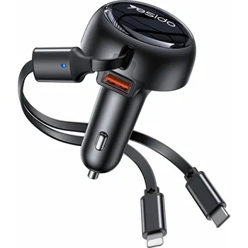 Yesido Car Charger Y61 s 2x teleskopickým zatahovacím kabelem Type-C Lightning rychlé nabíjení USB-A 53W černá