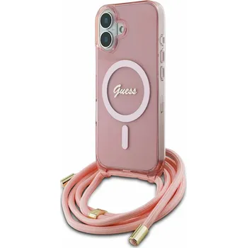 Pouzdro na mobilní telefon Guess IML Crossbody Cord Script MagSafe iPhone 16 Růžová