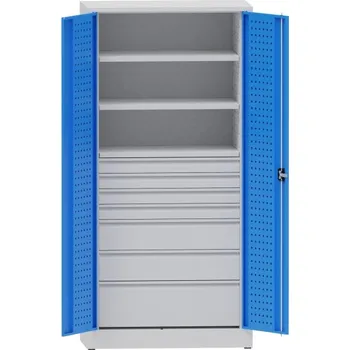 Kovová dílenská skříň perfo, 2 police, 7 zásuvek Barva dveří: modrá RAL 5012