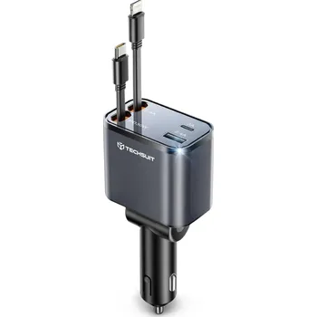 Techsuit Premium Car Charger NanoVoltX C1 s USB-C Lightning kabely šedý