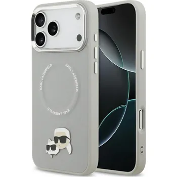 Pouzdro na mobilní telefon Karl Lagerfeld Leather Karl & Choupette Pins MagSafe iPhone 17 Pro šedá