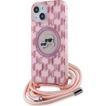 Pouzdro na mobilní telefon Karl Lagerfeld IML Crossbody MagSafe iPhone 15 růžová Mono Karl&Choupette Head