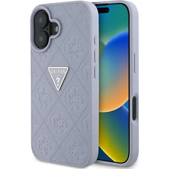 Pouzdro na mobilní telefon Guess Leather Hot Stamp 4G Pattern Triangle Metal Logo iPhone 16 světle fialová