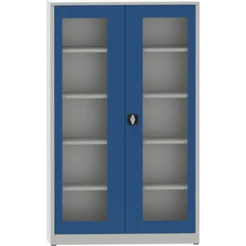 Dílenská skříň prosklená, 195 x 120 x 60 cm, 4 police, 65 kg/pol. Barva dveří: modrá RAL 5005