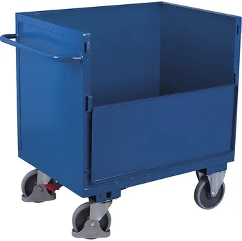 Variofit Plechový uzavíratelný skříňový vozík, 1 sklopná stěna, Variofit, ložná plocha 99 x 69 cm, do 500 kg, modrá/antracit Barva: modrá RAL5010