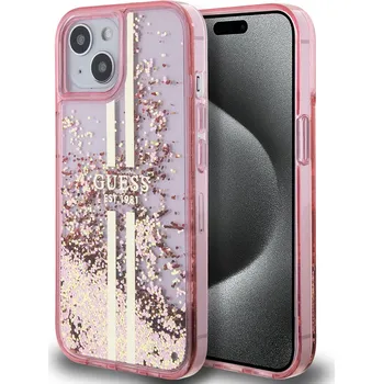 Pouzdro na mobilní telefon Guess Liquid Glitter Gold Stripes iPhone 15 Plus růžový