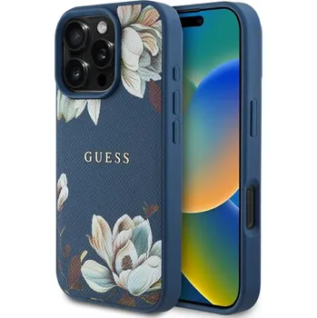 Pouzdro na mobilní telefon Guess Grained Flowers MagSafe GUHMP16XPGNMPLMB iPhone 16 Pro Max modrá