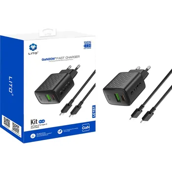 Lito Wall Charger LC15T s kabelem Type-C Type-C USB výstup PD20W GaN PC nehořlavý EU zástrčka černý