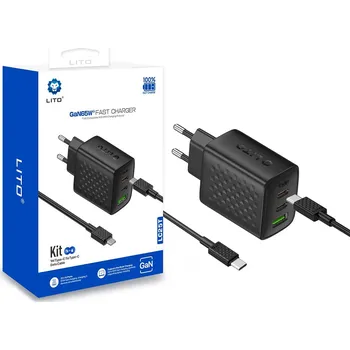 Lito Wall Charger LC25T s kabelem Type-C 2x Type-C USB výstup PD65W GaN EU černý