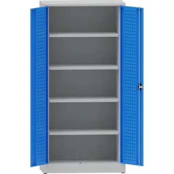 Kovová dílenská skříň perfo, 4 police, 65 kg/pol. Barva dveří: modrá RAL 5012