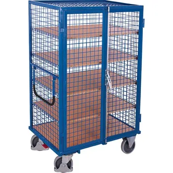 Variofit Vysoký uzavíratelný skříňový vozík s madlem a mřížovými stěnami, Variofit, 5 polic (103 x 65 cm), do 500 kg, modrá/antracit Barva: modrá RAL5010