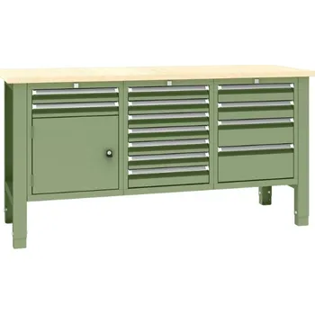 Dílenský stůl Dílenský stůl TECHNO Light, šířka 1765 mm, 13 zásuvek, 1 skříňka Barva dveří: zelená RAL 6011, Barva korpusu: zelená RAL 6011