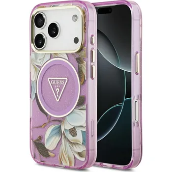 Pouzdro na mobilní telefon Guess IML Metal Glitter Flowers Triangle MagSafe iPhone 17 Pro Fialová